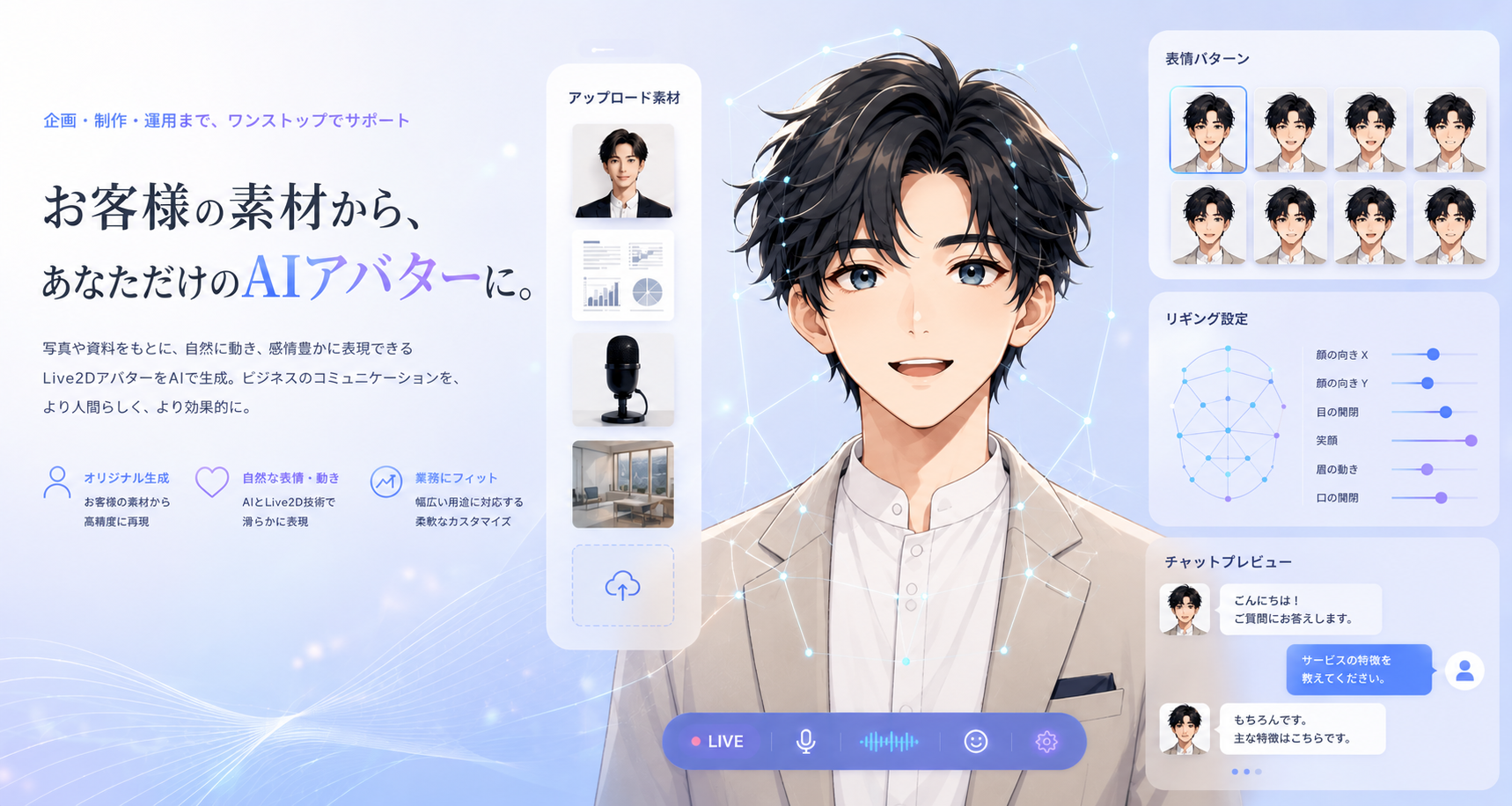 お客様の素材から、あなただけのAIアバターに。写真や資料をもとに、自然に動き感情豊かに表現できるLive2DアバターをAIで生成。